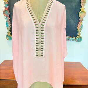 Anthropologie Pink Embroidered Tunic Coverup Top with Birds One Size